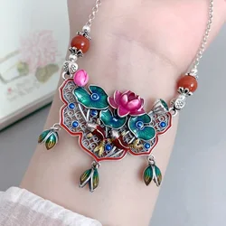 Fresh Classical 925 Silver Colored Enamel Lotus Leaf and Flower Tassel Necklace Pendant for Women clavicle chain Jewelry