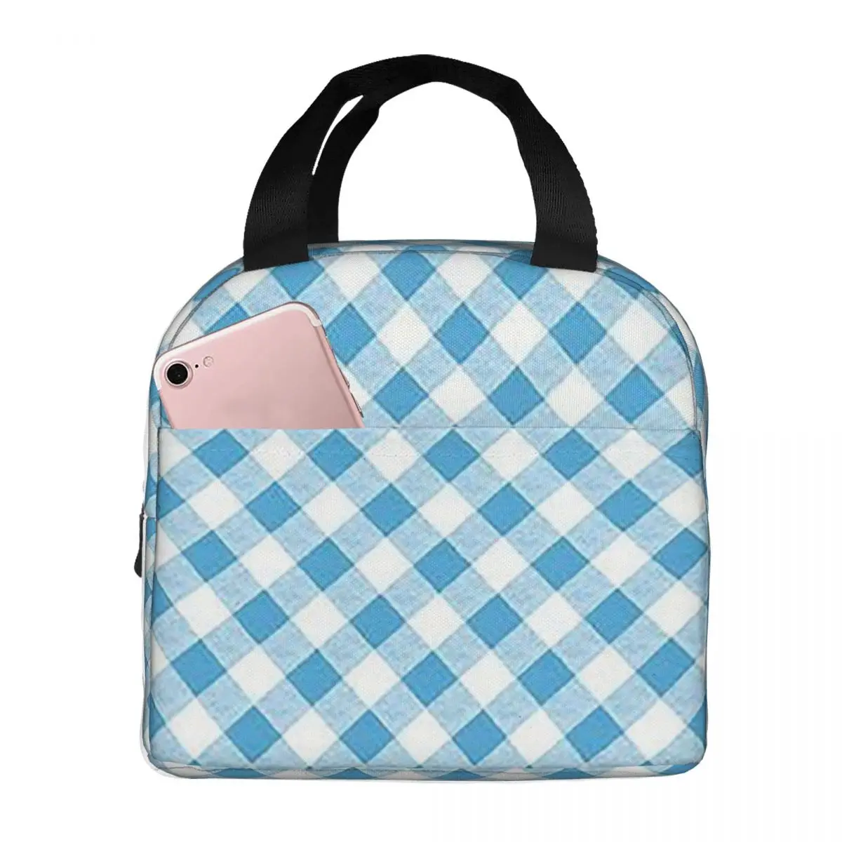 

Blue Mini Gingham Plaid Insulated Lunch Bag for Kids School Cooler Thermal Food Box Tote Portable Lunch Boxes Container
