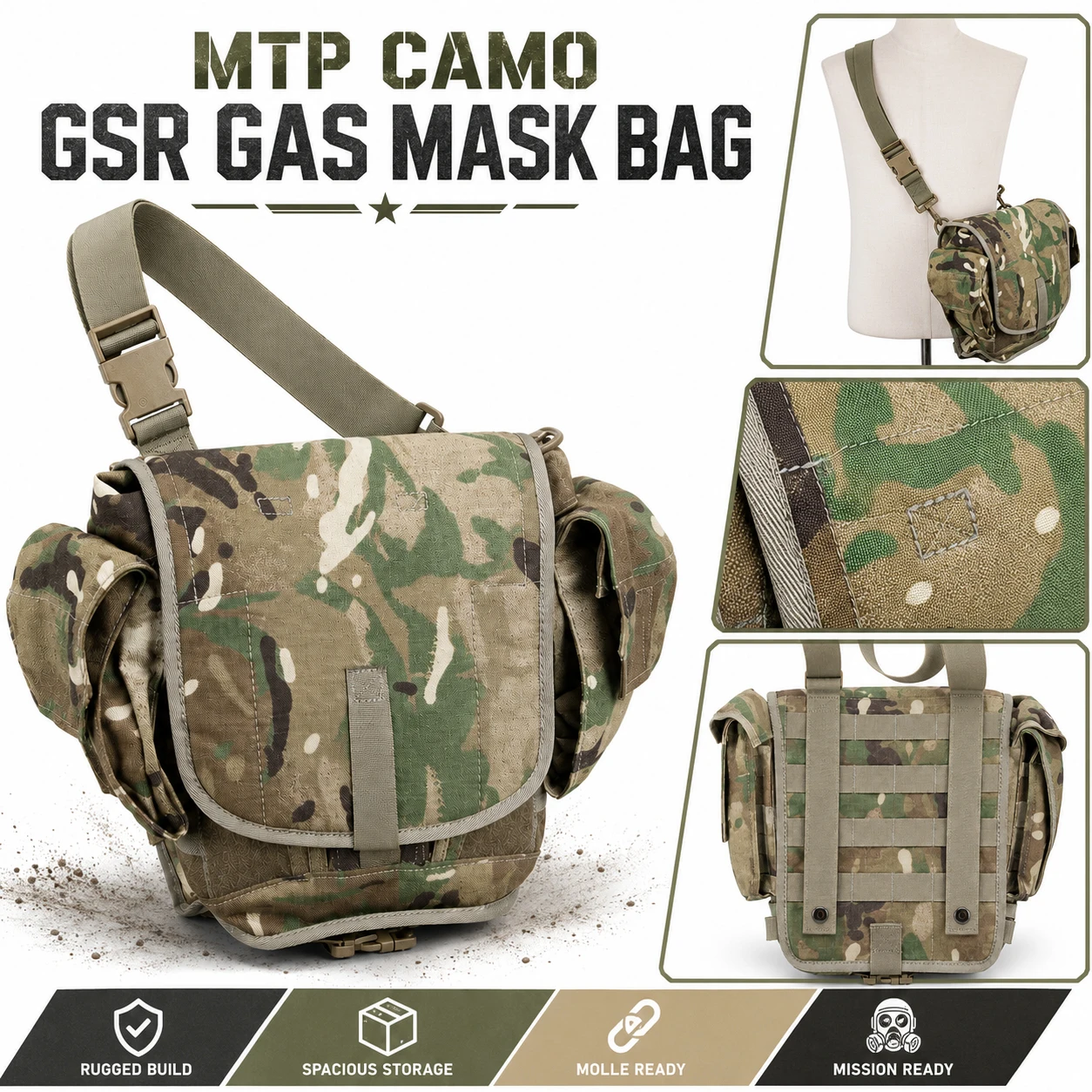 GSR Gas Mask Pack Field Pack MTP Camouflage Military Tactical Shoulder Bag Outdoor Utility Storage Pouch for Hunting Airsoft