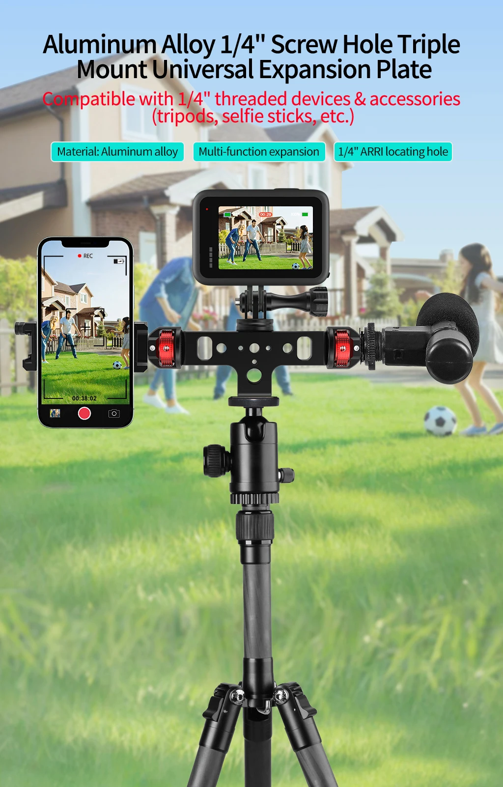 Stativadapterhalterung für GoPro DJI OSMO Pocket4 Insta360 Aluminium-Verlängerungshalterung 1/4" ARRI Kugelkopf Gimbal Vlog Studio Halterung – Detail 10