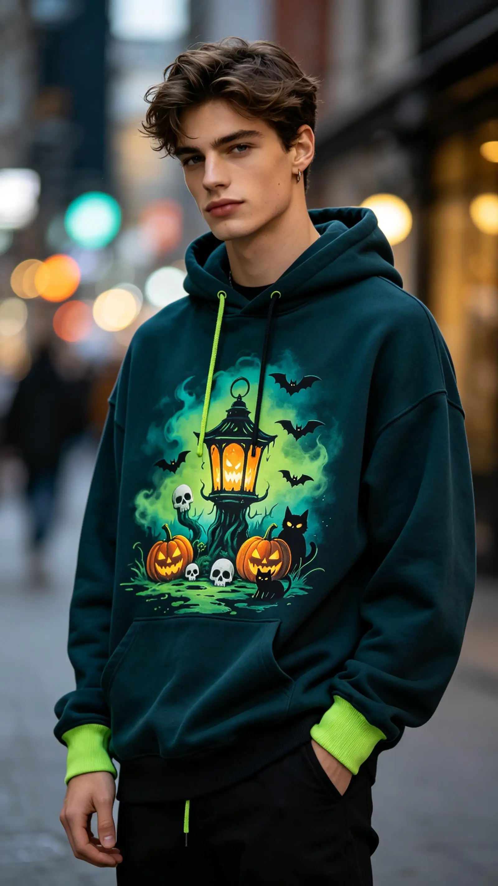 2026 Men Thin Sweatshirt Autumn Winter Dark Green Hoodie Vintage Lamp Ghost Pumpkin Black Cat Bat Print Male Pullover Tops