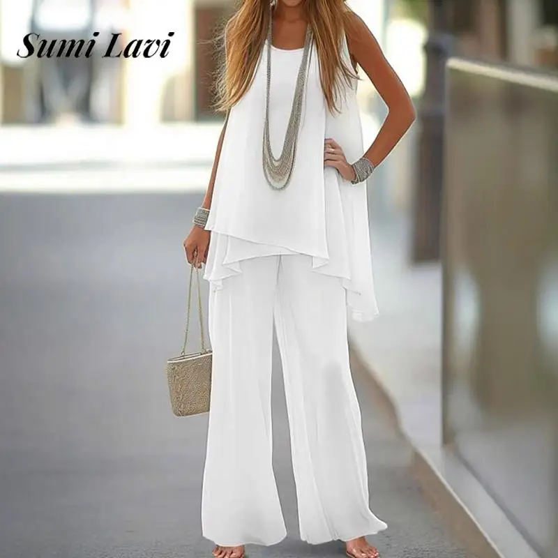 

Элегантный пуловер с круглым вырезом, жилет и длинный брючный костюм, женский повседневный свободный комплект без рукавов из 2 предметов, модный однотонный комплект 2022 года High Street