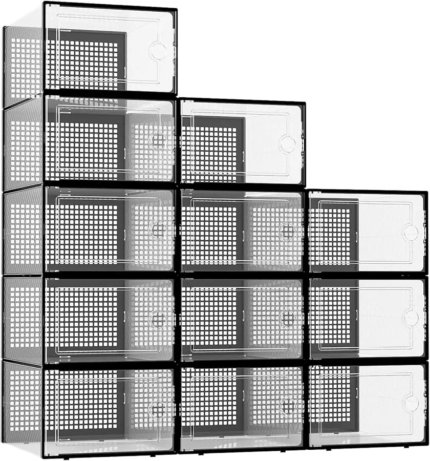 صناديق تخزين الأحذية كبيرة الحجم مقاس XX، بلاستيك شفاف قابل للتكديس، 12 عبوة، رف الأحذية وبديل الحامل، حاويات الأحذية الرياضية، لعبة S