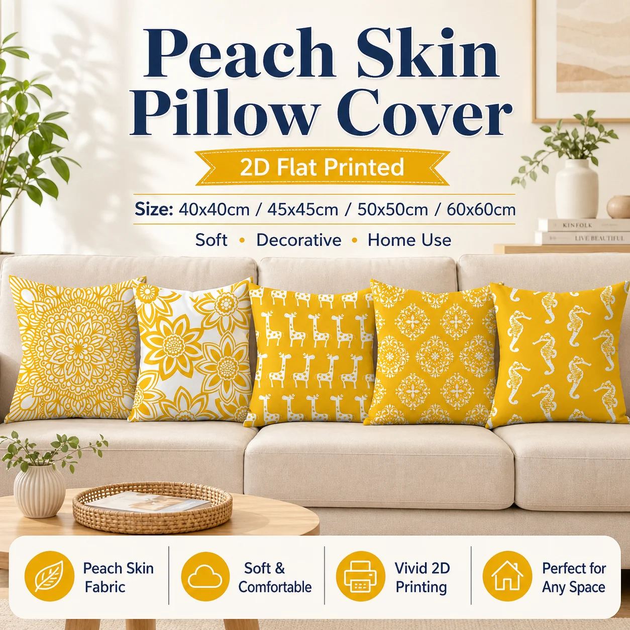 

Ellow Mandala Floral Peach Skin Pillow Cover 2D Flat Printed Decorative Cushion Case for Sofa Living Room Home Decor 45x45cm