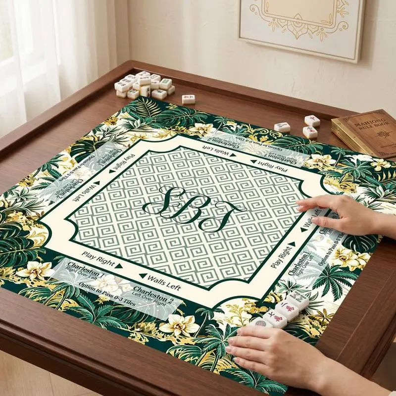 VIKAMA Tropical Palm Leaf Mahjong Mat Non Slip Noise Reduction Soft Square Pad Washable For Luxury Home Game Decor Mat