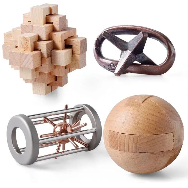 Metal and Wooden Brain Teaser Puzzles 3D Unlock Interlocking Disentanglement Educational Logic IQ Toys For Kids & Adults
