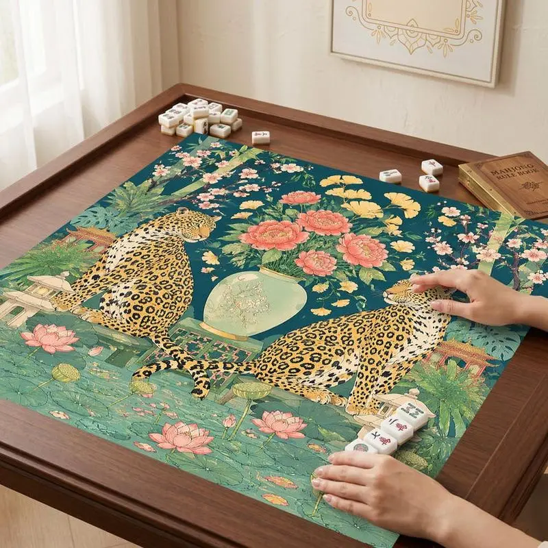VIKAMA Vintage Leopard Peony Mahjong Mat Thick Shock Absorb Dual Use Mahjong Poker Desktop Game Pad