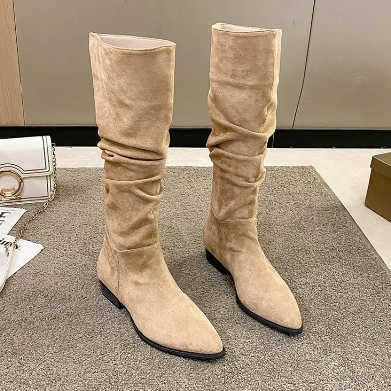 Nowe Plisowane Buty Kobiety Czarny Nude Faux Suede Flock Knee High Boot Ladies Flat Autumn Winter Dress Shoe 40 Solid Slip on Botas