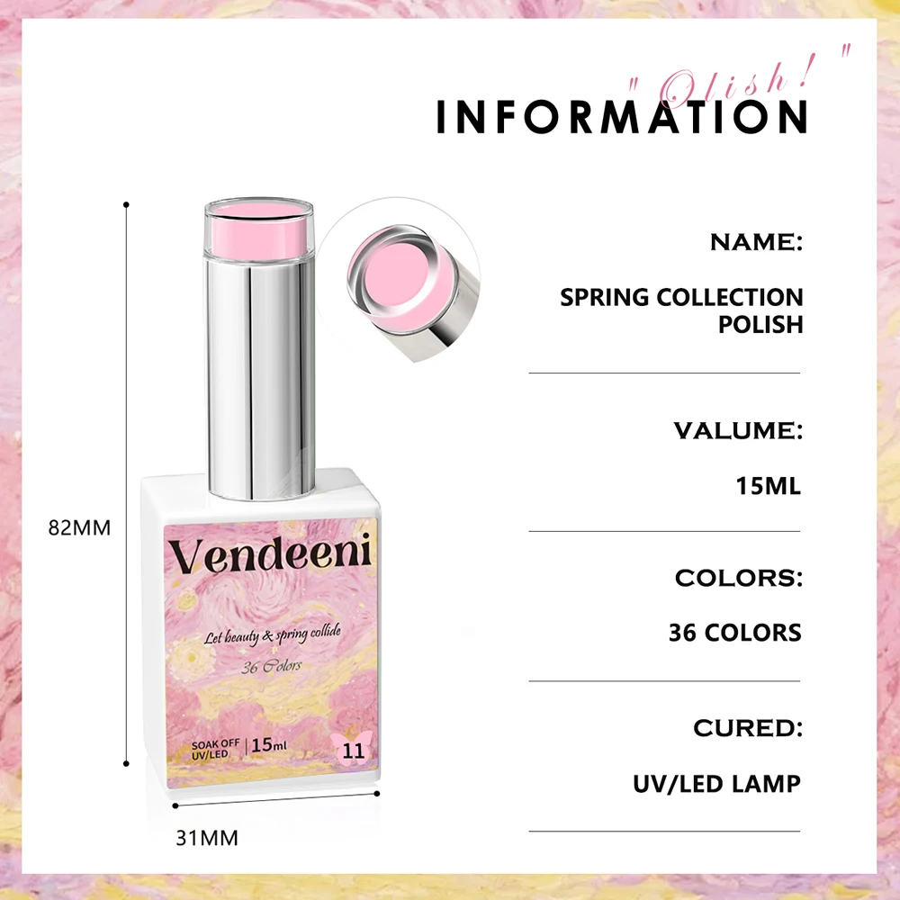 Vendeeni 36 Colors/set Pink Spring Pure Color Crystal Gel Nail Polish UV LED Manicure Nail Varnish With Color Card TPO/HEMA FREE