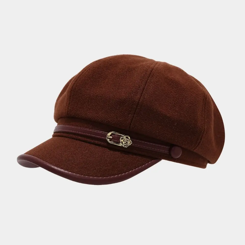 Modischer Britischer Stil PU-Leder Baskenmütze Braun mit Gürtelschnalle, Malerhut im Koreanischen Stil, Retro-Künstlerhut für Damen – Detail 9