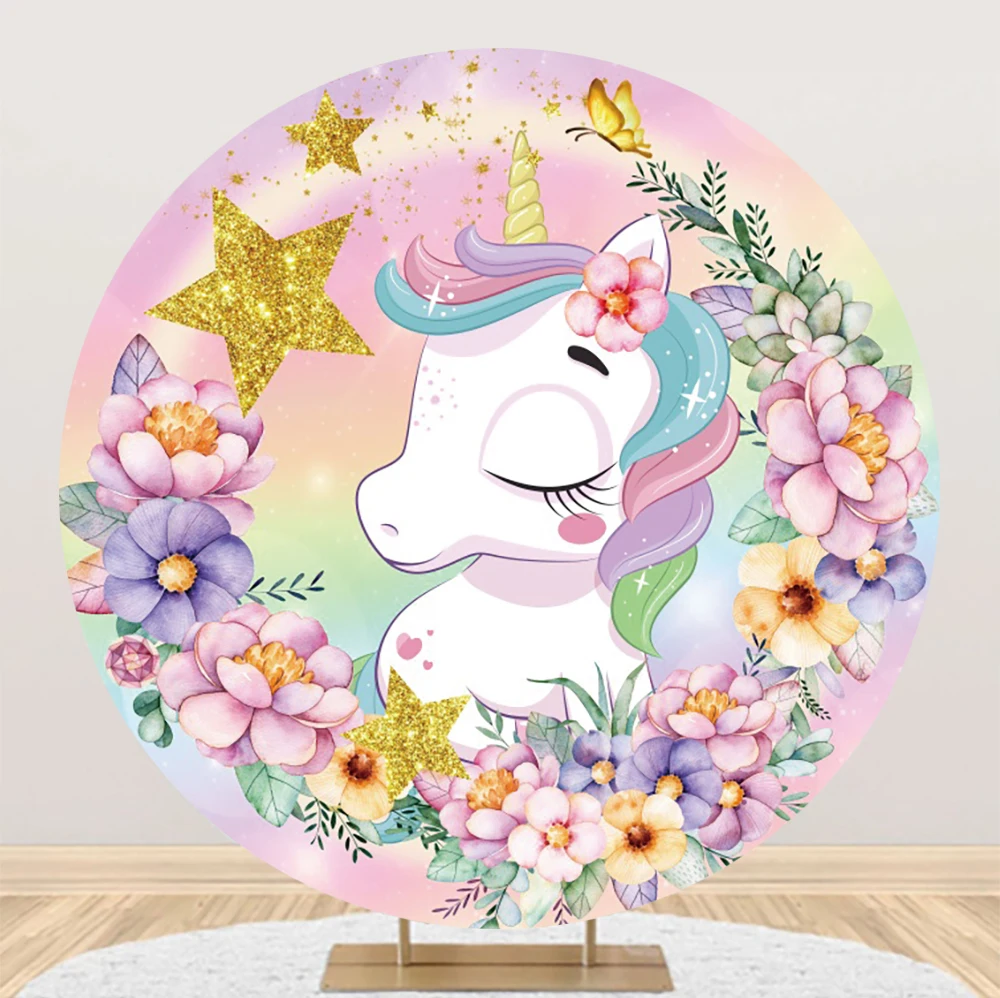 

Laeacco Cartoon Unicorn Happy Birthday Backdrop Sweet Rainbow Cloud Star Girl Newborn Portrait Customized Photography Background