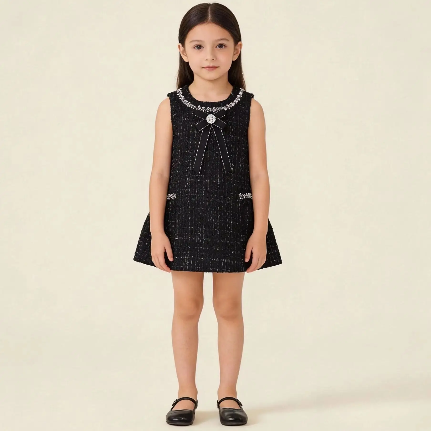 

Летнее детское платье без рукавов с круглым вырезом, А-силуэт, для девочек, черное, элегантное, для дня рождения, повседневная детская одежда