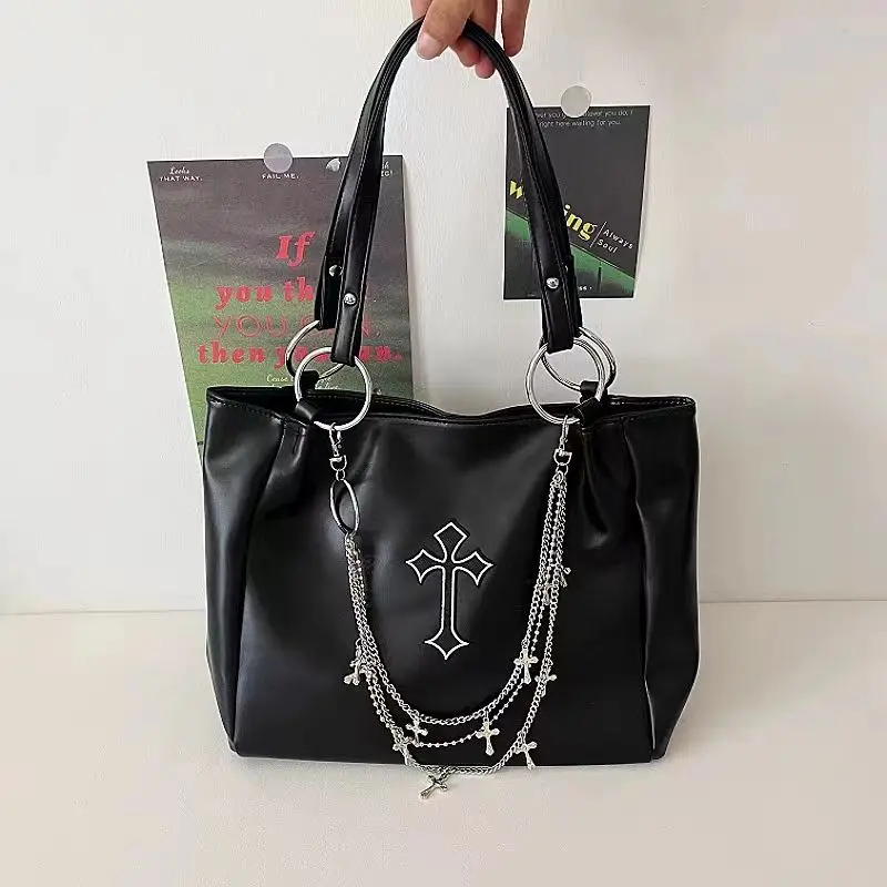 

MBTI Black Womens Shoulder Bag Y2k Punk Cross Chains Vintage Tote Bag Large Capacity Hot Girls Luxury Designer Female Handbag