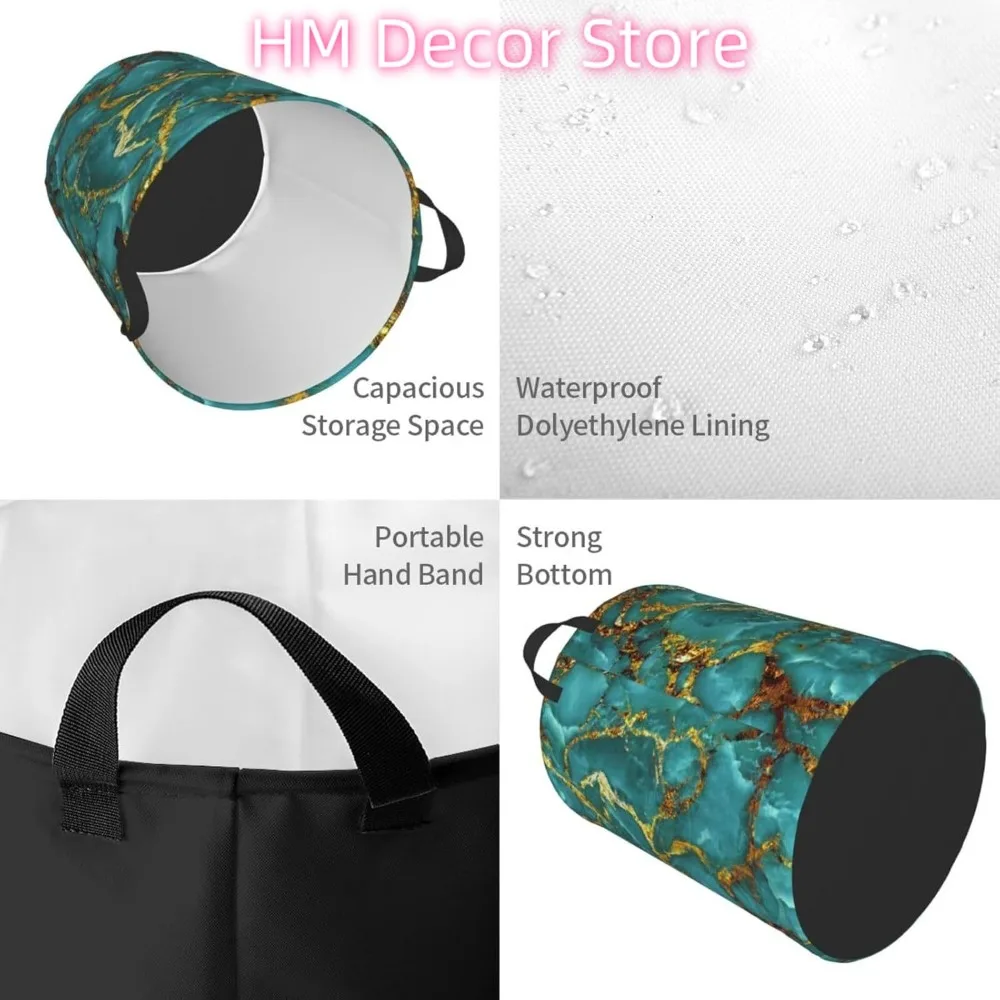 الذهب الأوردة الأزرق ممزق الرخام سلة الغسيل مقاوم للماء أكسفورد القماش سلة تنظيمية الملابس القابلة للطي يعوق مع مقبض ل #4