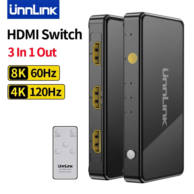 Выключатель Unnlink HDMI 3 в 1, 8K, 60 Гц, 4K, 120 Гц, HDMI 2,1 с пультом дистанционного управления для проектора PS5/4