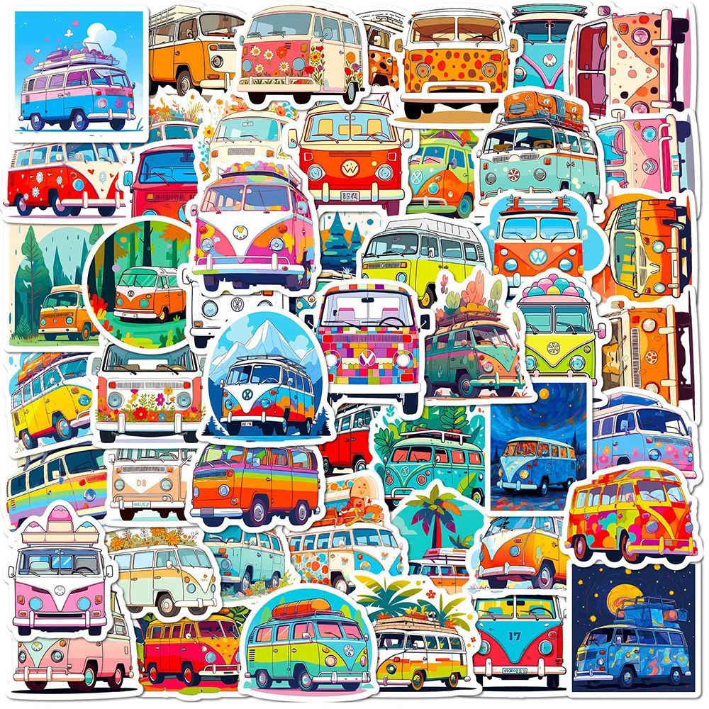 10/30/50PCS Cool Hippie Bus Cartoon Stickers Simple Decals Decoration DIY Phone Notebook Suitcase Laptop Cute Graffiti Sticker