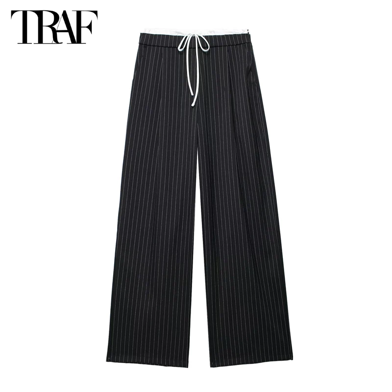 TRAF 2024 Striped Wide Pants Women High Waist Loose Pants Woman Summer Casual Baggy Pants for Women Tied Pleated Woman Trousers