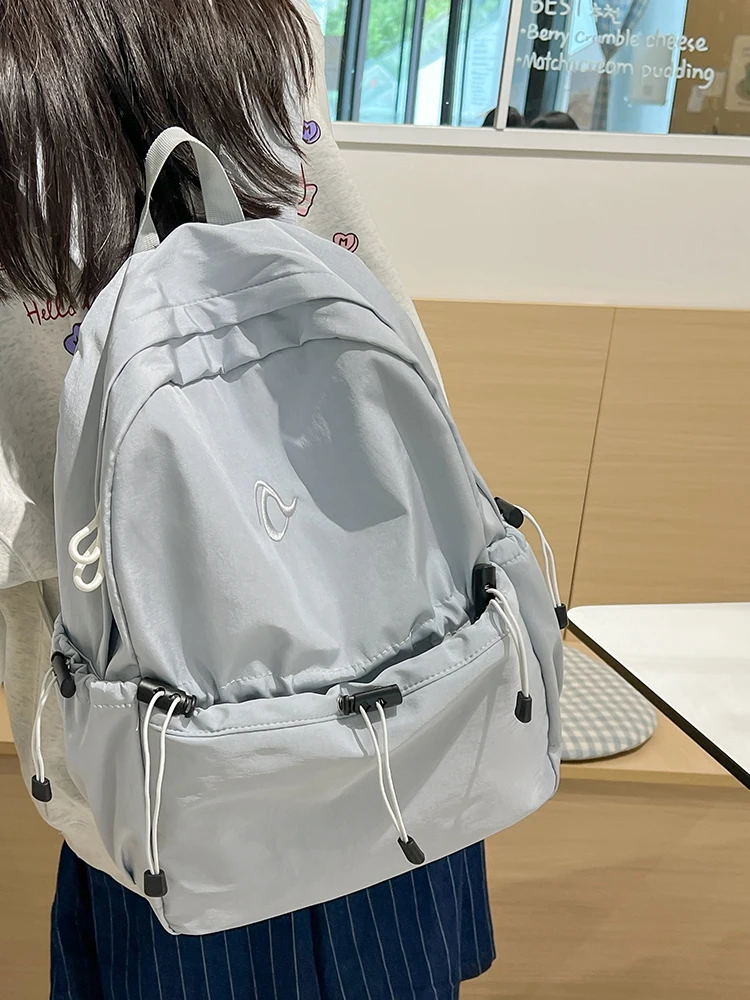 Light backpack solid color nylon pleated drawstring backpack female large-capacity student leisure laptop bag