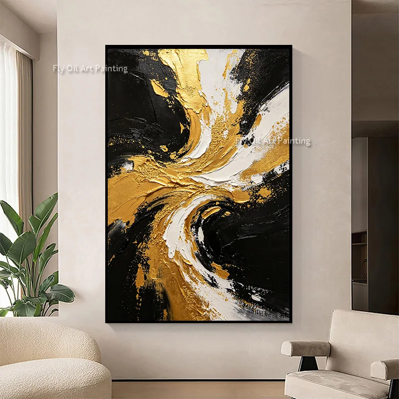 Vertical Abstract Hand Painted Oil Painting Heavy Impasto Gold Black White Swirl Canvas Wall Art For Living Room Decor As Gift