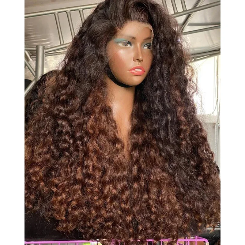 26" Natural Synthetic Ombre Brown Curly PrePlucked 180 Density Lace Front Wig For Black Women With Baby Hair Lace Frontal Daily