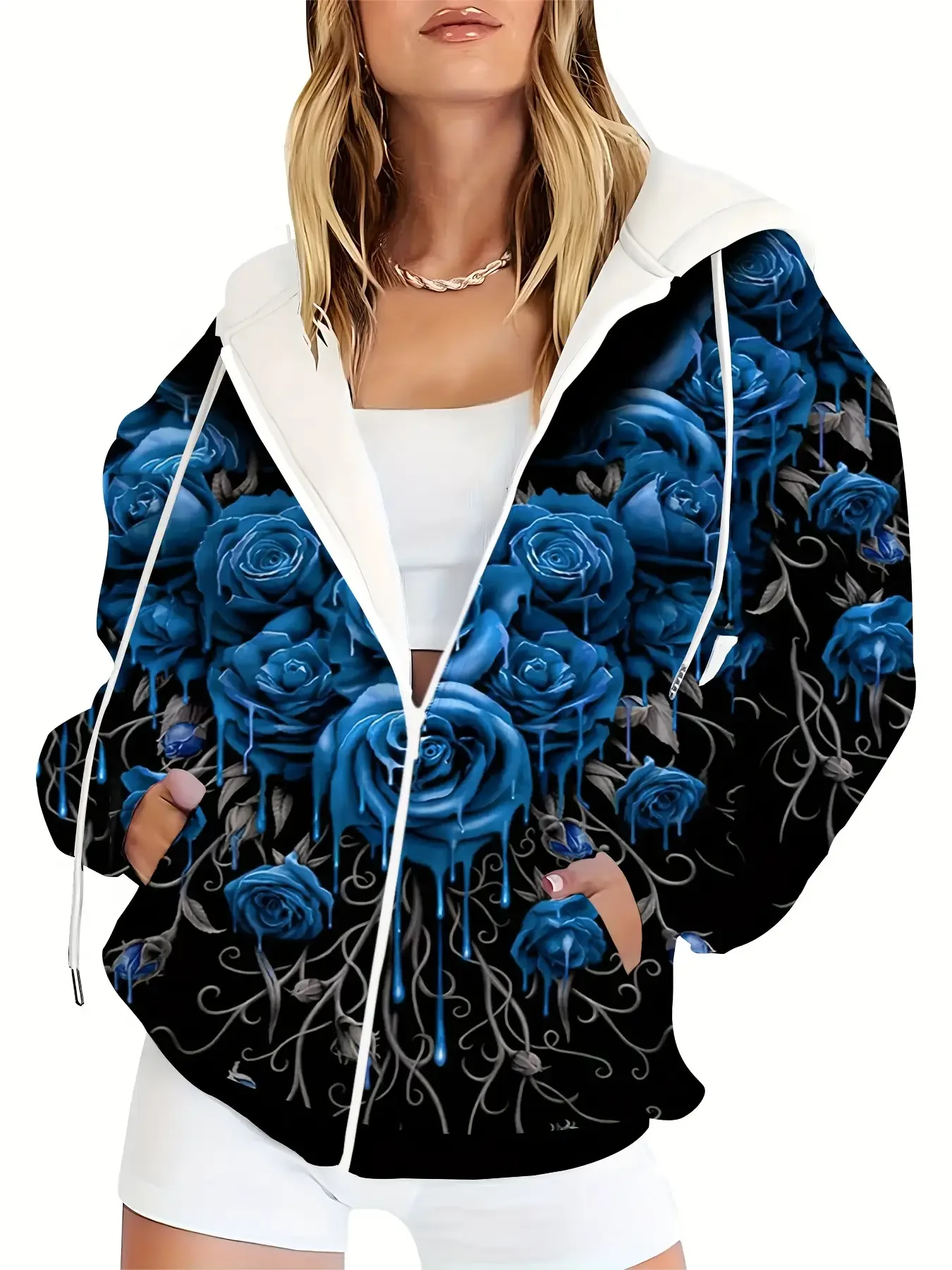 

New Women's Printed Zipper Hoodie - Blue Brilliant Rose Coat Top, Loose Autumn/Winter Jacket,