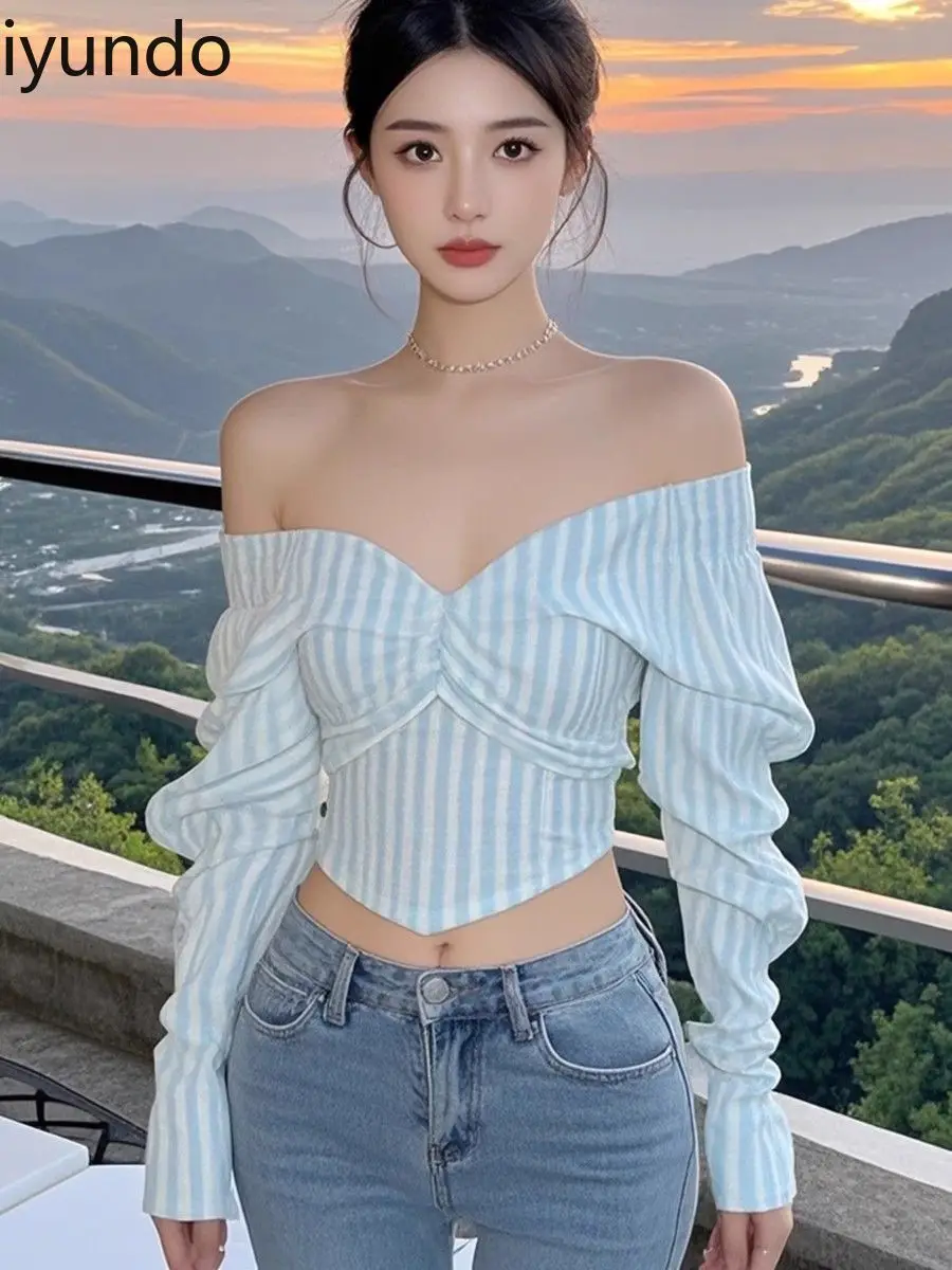 Sexy slim fit gestreepte crop top blouse met één schouder - sexy damestop met knopen herfst 2025, casual en elegant