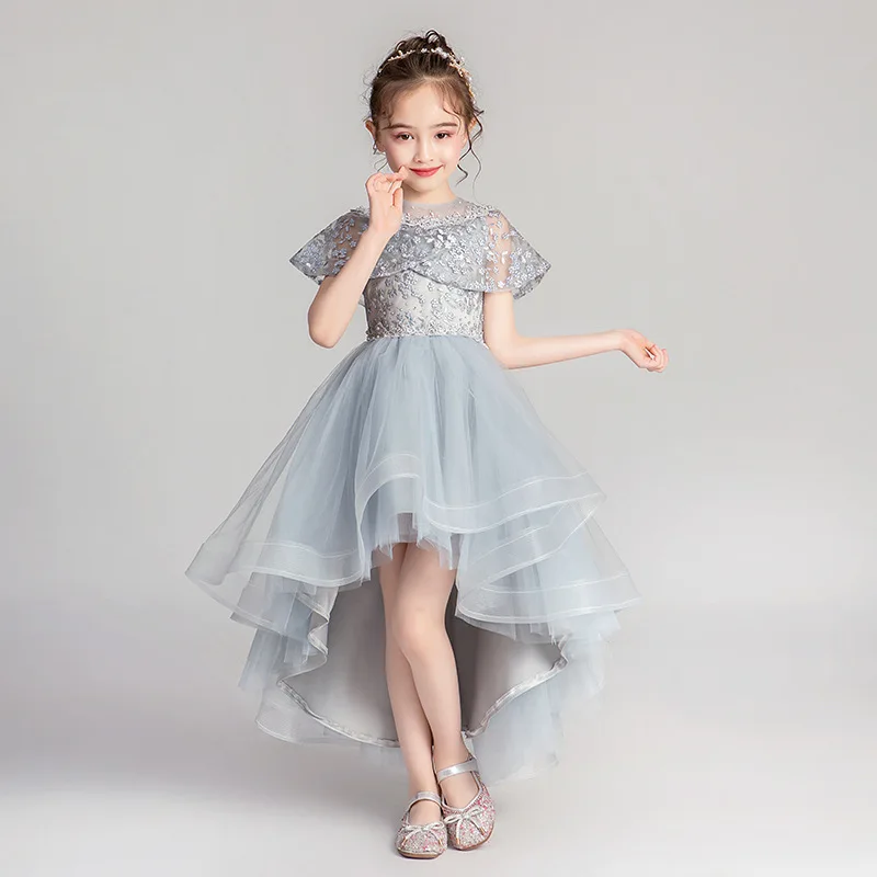 Little Girls Embrdoiery Princess Dress High Low Shawl Tulle Dresses Teen Girls Graduation Party Gown Flower Girls Dress