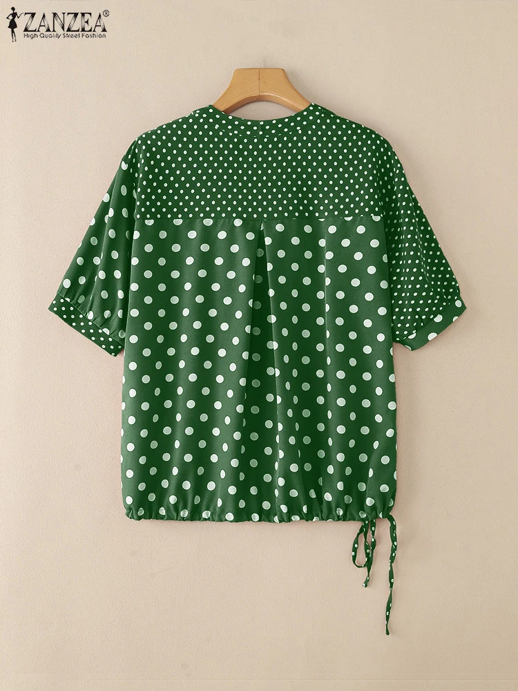 ZANZEA Moda Polka Dot Patchwork Camicette Donna Casual Scollo a V Mezza Manica Coulisse Orlo Blusas Mujer Estate Streetwear Magliette e camicette