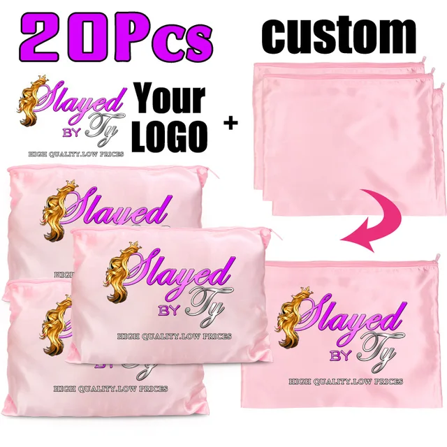 20Pcs Logo Customize Silk Satin Bags With Zipper Big Wig Bags For Packaging Human Wigs 35X25Cm Silk Wig Bag Hair Extensions Bags