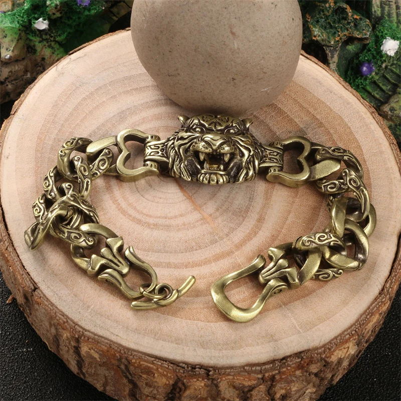 MenTrend Classic Design Brass Tiger Head Bracelet Domineering Personality Knight Motorcycle Bracelet Street Casual Jewelry Gift