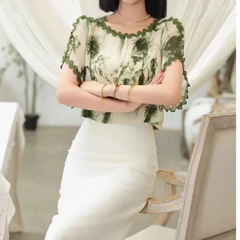 Verão retalhos manga curta chiffon solto elegante blusa fina o pescoço impressão camisa vintage topos moda casual roupas femininas