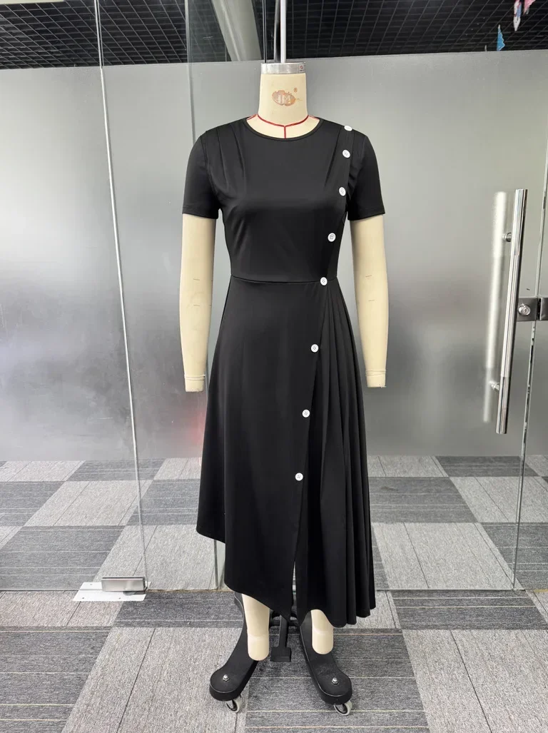 حجم كبير فساتين الأفريقية للنساء S-3XL الصيف الأفريقي قصيرة الأكمام الأسود الخامس الرقبة البوليستر ميدي فستان وتتسابق الملابس الأفريقية