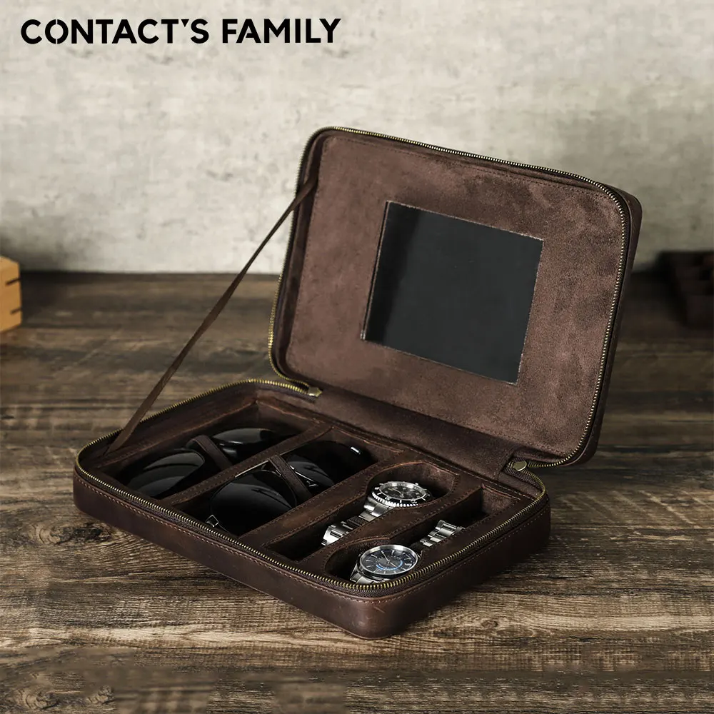 CONTACT'S FAMILY Vintage Genuine Leather Watches Case Travel Portable Watch Holder with Mirror Sunglasses Display Organizer