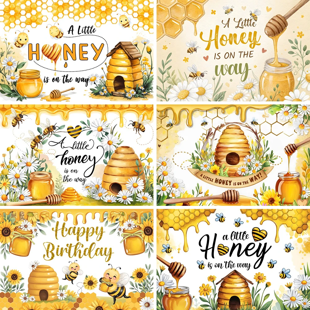 น้ําผึ้งเด็กพื้นหลังน้ําผึ้งน้อยอยู่ในทาง 1st วันเกิดดอกทานตะวัน Bee Boy Girl Baby Shower ฉากหลังเค้กตารางแบนเนอร์
