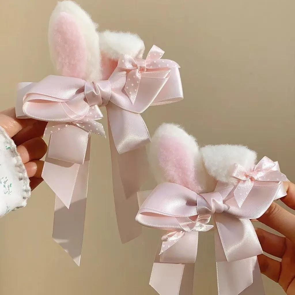 

Ladies' Hair Clip Japanese Pink Bow Plush Rabbit Ear Cute Sweet Kawaii Lolita JK Barrette Headwear High-quality Hair Accessories
