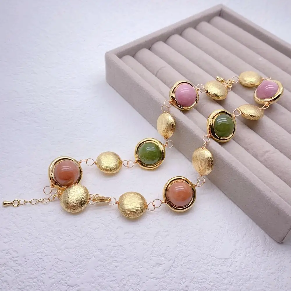 

Y·YING 2 Strands Multi Color Round Jade Gold Plated Brushed Bracelet beaded Fashion Jewelry