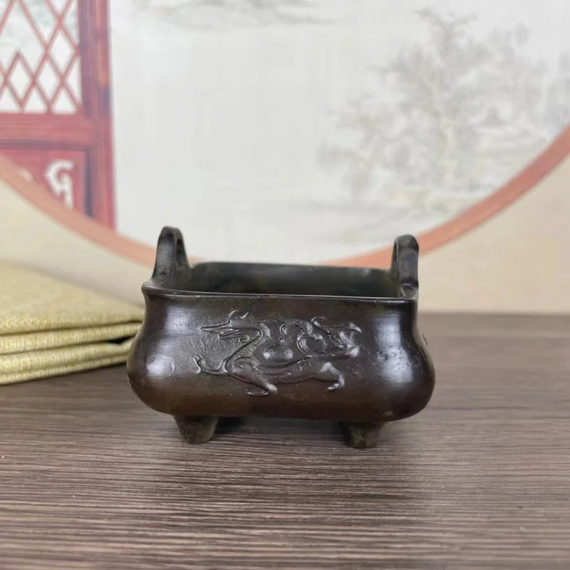 

Antique Miscellaneous Collection Antique Old Copper Xuan Character Stove Four God Beasts Copper Incense Burner Four-Legged Binau