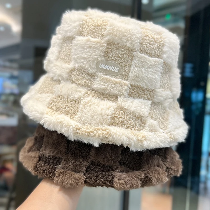 Lamb Faux Fur Bucket Hat Winter Warm Velvet Hats for Women Lady Thicken Bob Panama Outdoor Fisherman Sun Protect Hats Caps Girls