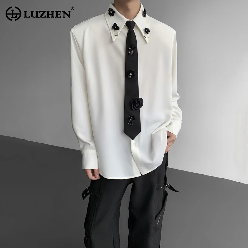 

LUZHEN 2025 осенний цветочный 3D лоскутный галстук с украшением, рубашки с длинными рукавами, мужская оригинальная красивая элегантная повседневная одежда JY4472