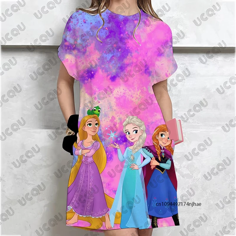 MINISO لطيف الكرتون ديزني الأميرة طباعة فساتين للنساء الصيف تي شيرتات قصيرة الاكمام فستان حفلة فستان موضة غير رسمية #6
