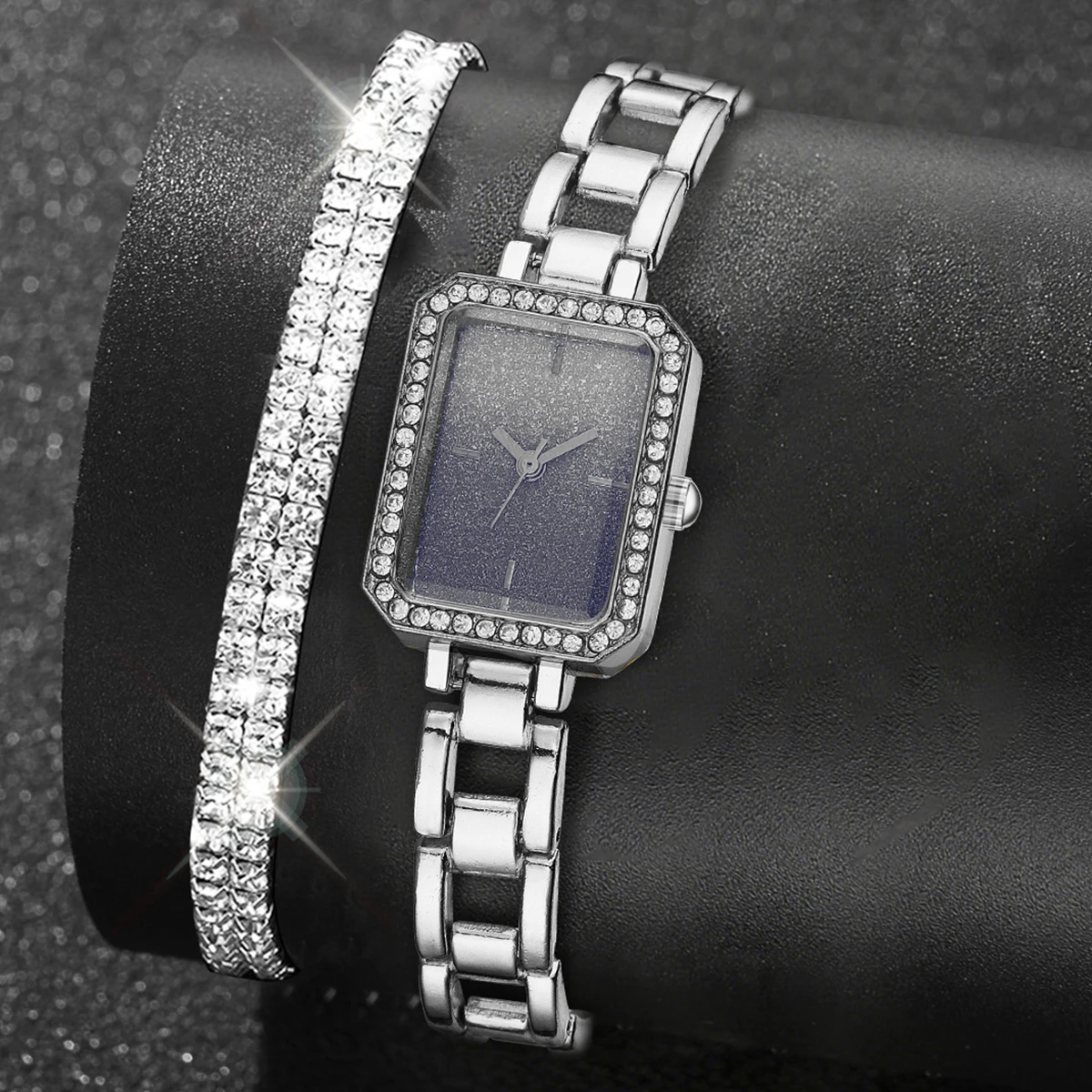 2PCS Silver Women's Watch Set Luxury Trendy Simple Quartz Watch Bracelet Set Suitable for Daily Clothing Matching Perfect Gift