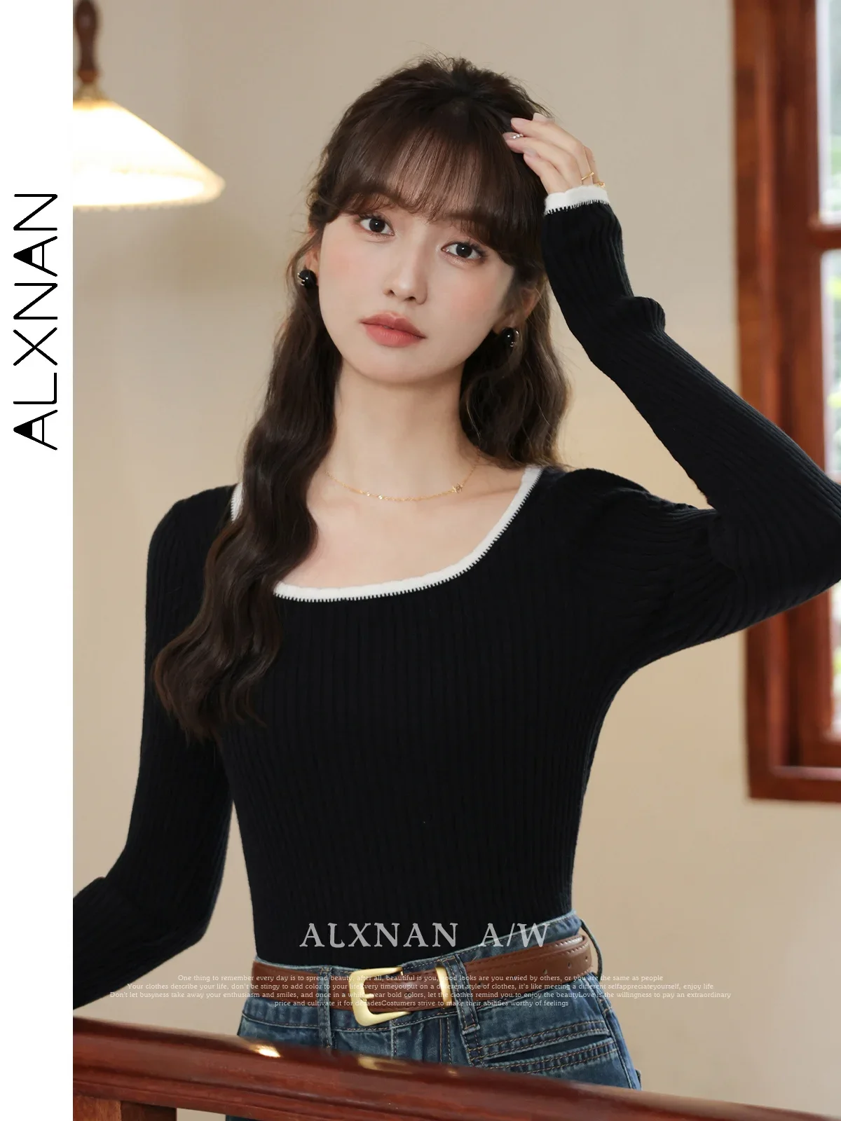 سترة نسائية سوداء من ALXNAN بلوفرات محبوكة أنيقة بياقة مربعة وأكمام طويلة ملابس تريكو نسائية LXN320107 #2