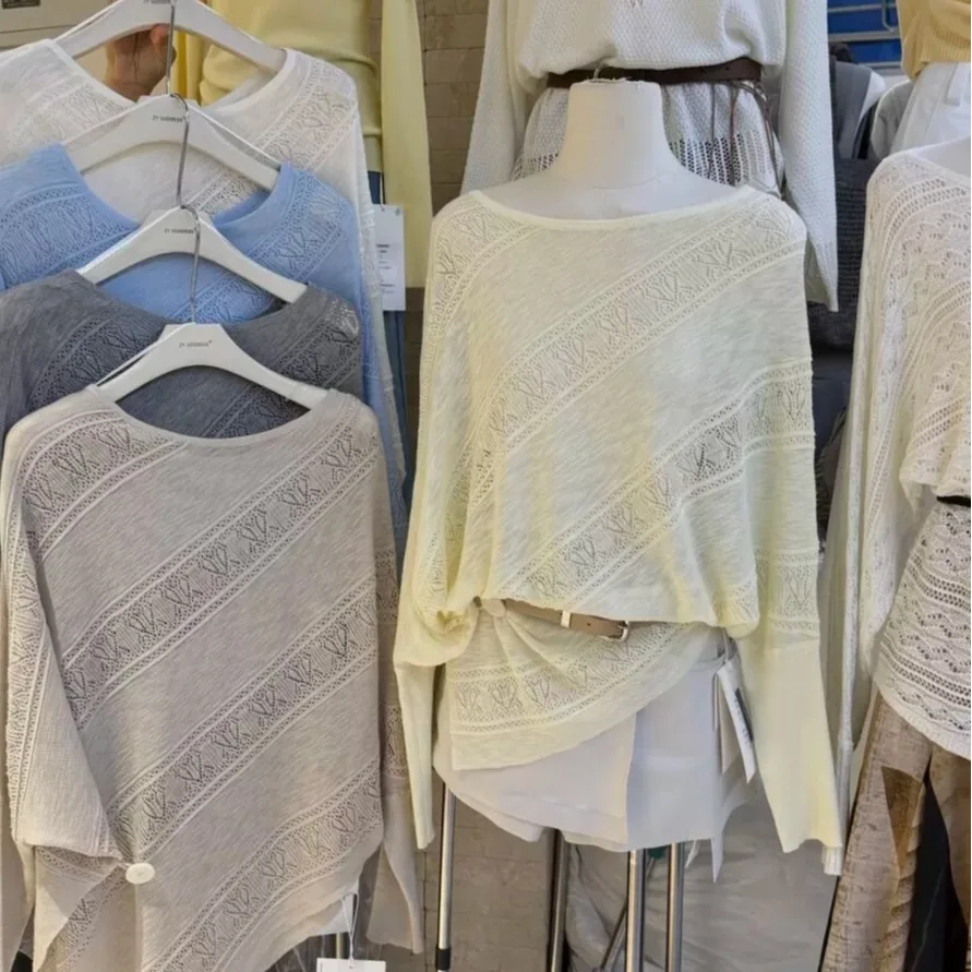 

Spring New Arrival Hollow Knit Tops for Women, Lazy Slouchy Style Irregular Hem Long Sleeve Thin Breathable UV Protection Blouse