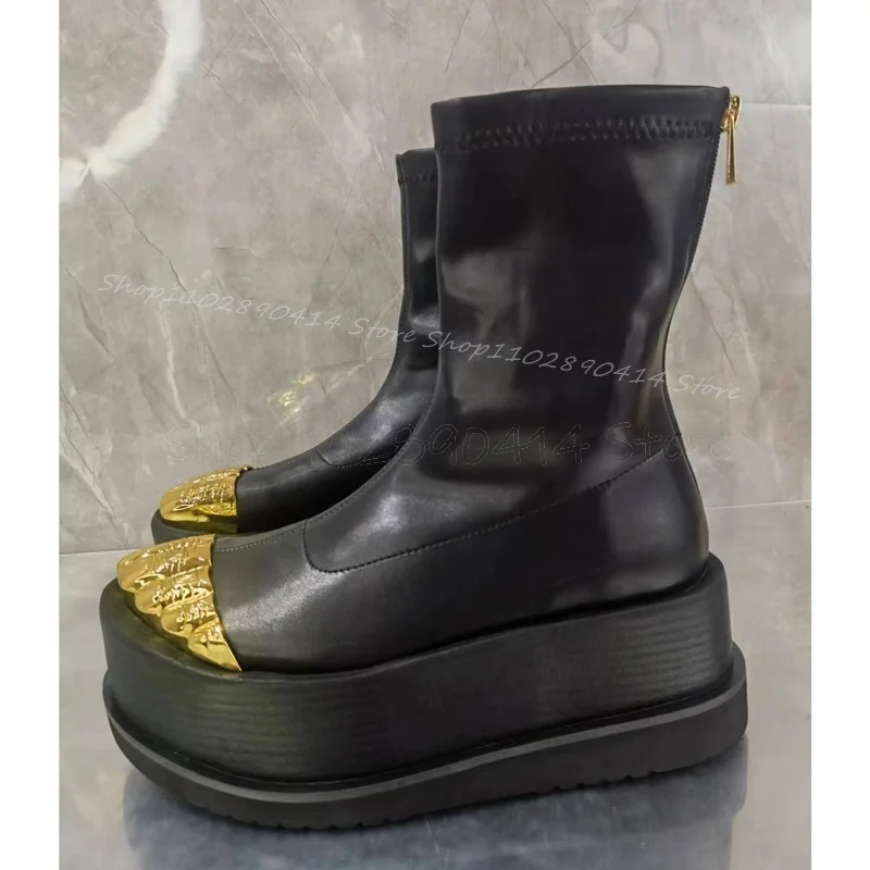 Botas de bezerro médio com zíper traseiro feminino, sapato de cinco dedos, plataforma alta, preto e dourado, passarela, moda top, 2024