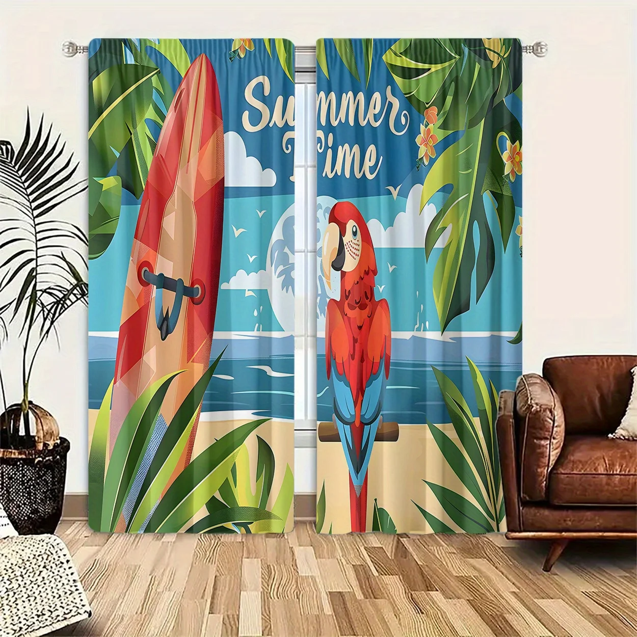 Tropical Summer Parrot Curtain Surfboard Beach Scene Print Drape, Vibrant Holiday Theme Window Treatment for Living Room Bedroom