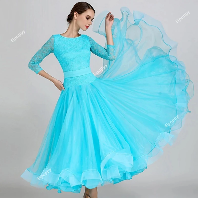 Vestidos de dança de salão para mulheres, vestido valsa, trajes padrão de performance, alto grau, roupas de festa noturna, azul