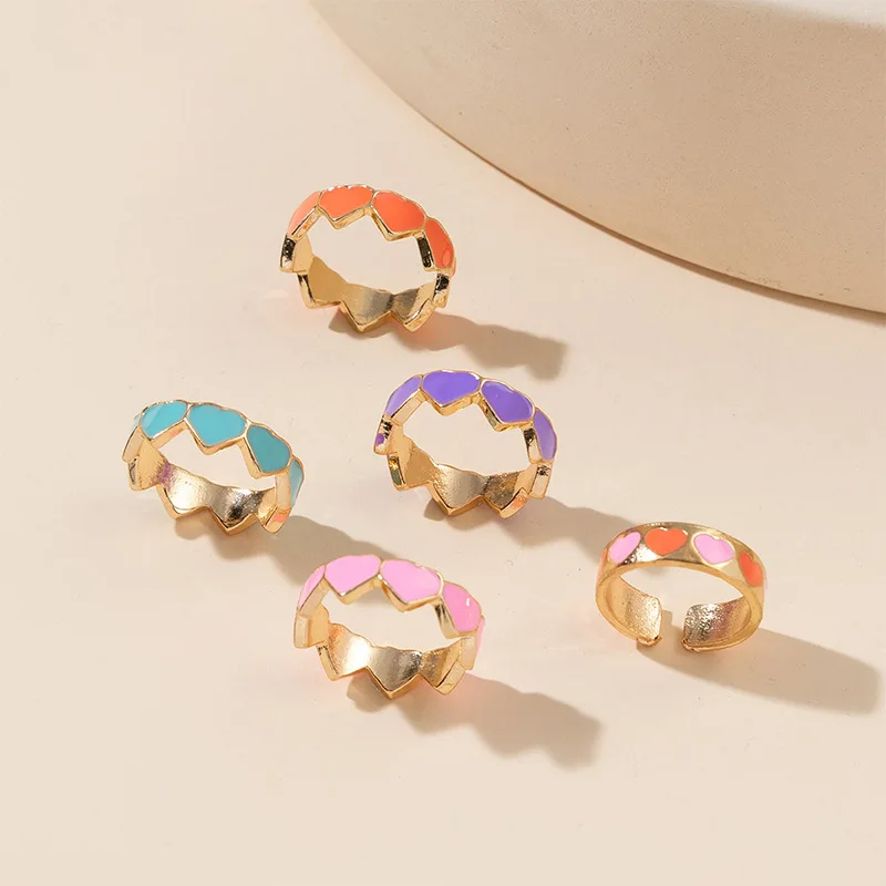 Color set ring opening ring women's 5-piece set adjustable European and American new fashion alloy sweet love drip ring