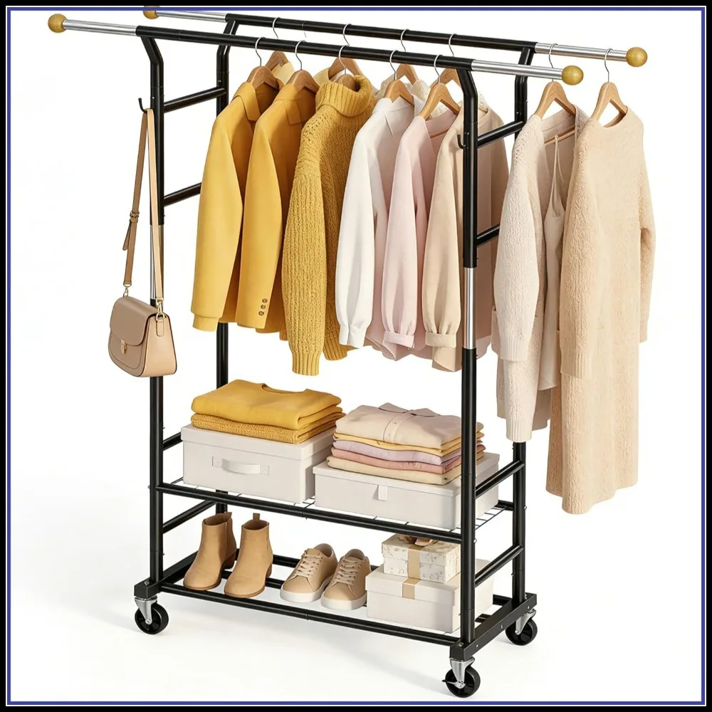 

Adjustable Clothes Rack with Double Rods & Shelves, Heavy Duty Wardrobe Organizer for Bedroom