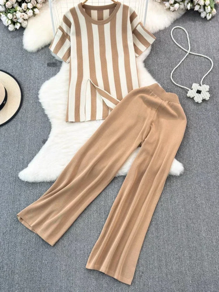 Long Pants Women Suit Short Sleeved Top Striped Casual Top Fashion Korean High Waisted Wide Leg Pants Female Clothing Summer