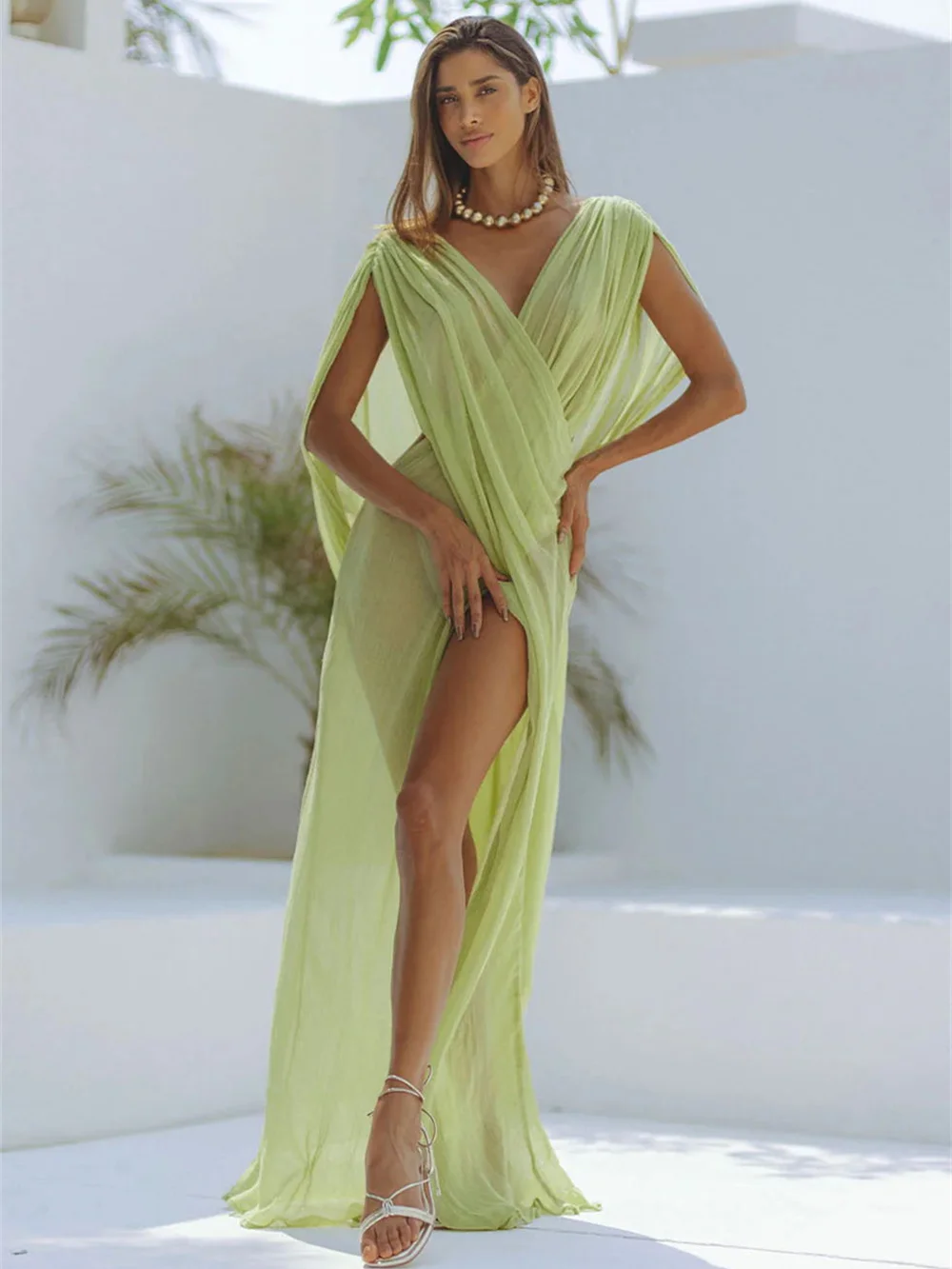 Macheda ฤดูร้อนใหม่สไตล์วันหยุด Maxi ชุดผู้หญิงเซ็กซี่ดูผ่านแขนกุดแยก Robe Ruched Elegant Vestidos